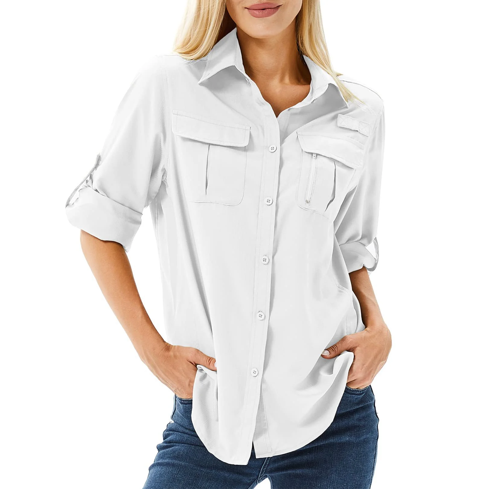Damen lässige Bluse mit praktischen Taschen und umschlagbaren Ärmeln R&B - Image 9