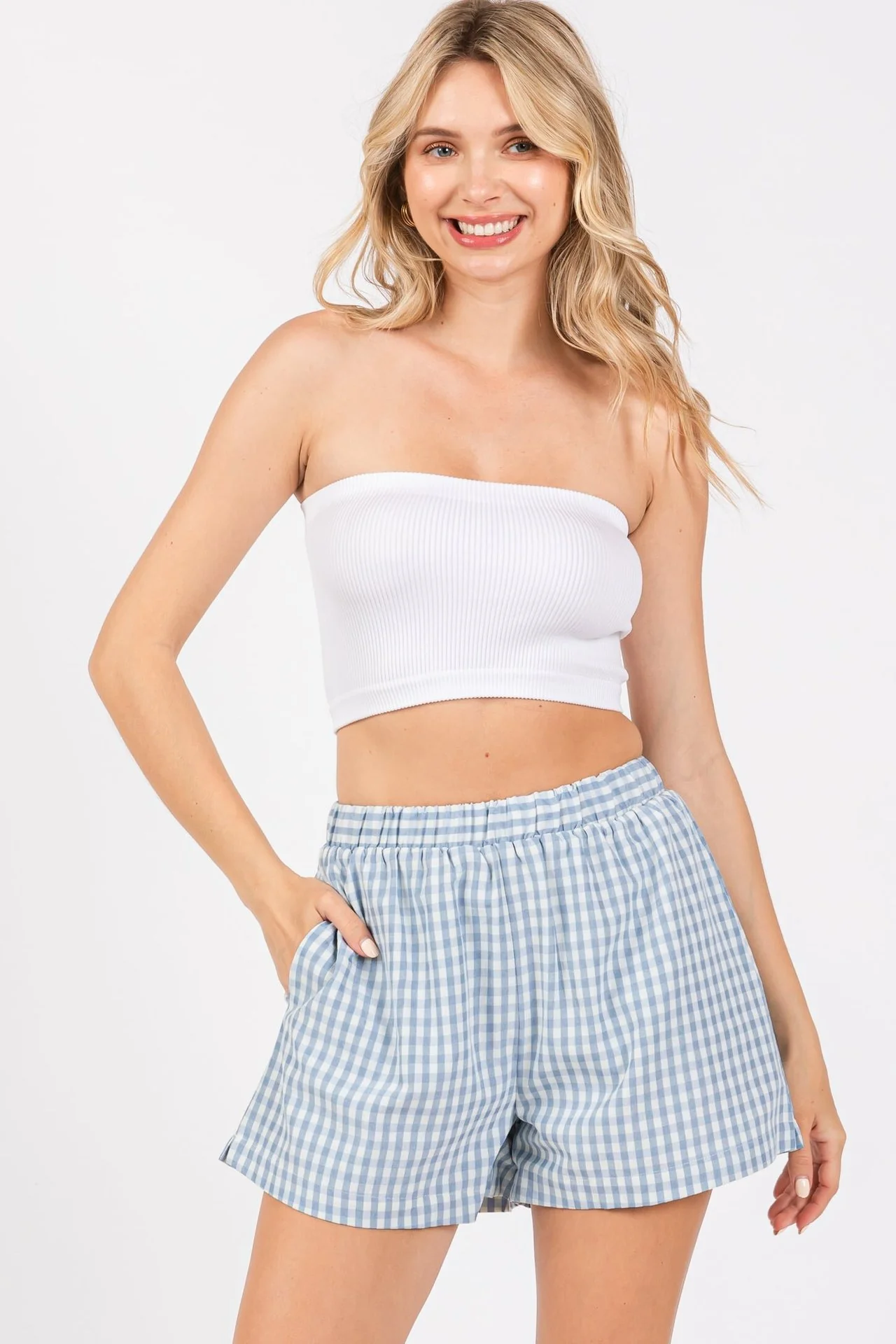 Damen lässige Karoshorts mit elastischem Bund und seitlichen Eingrifftaschen R&B - Image 2