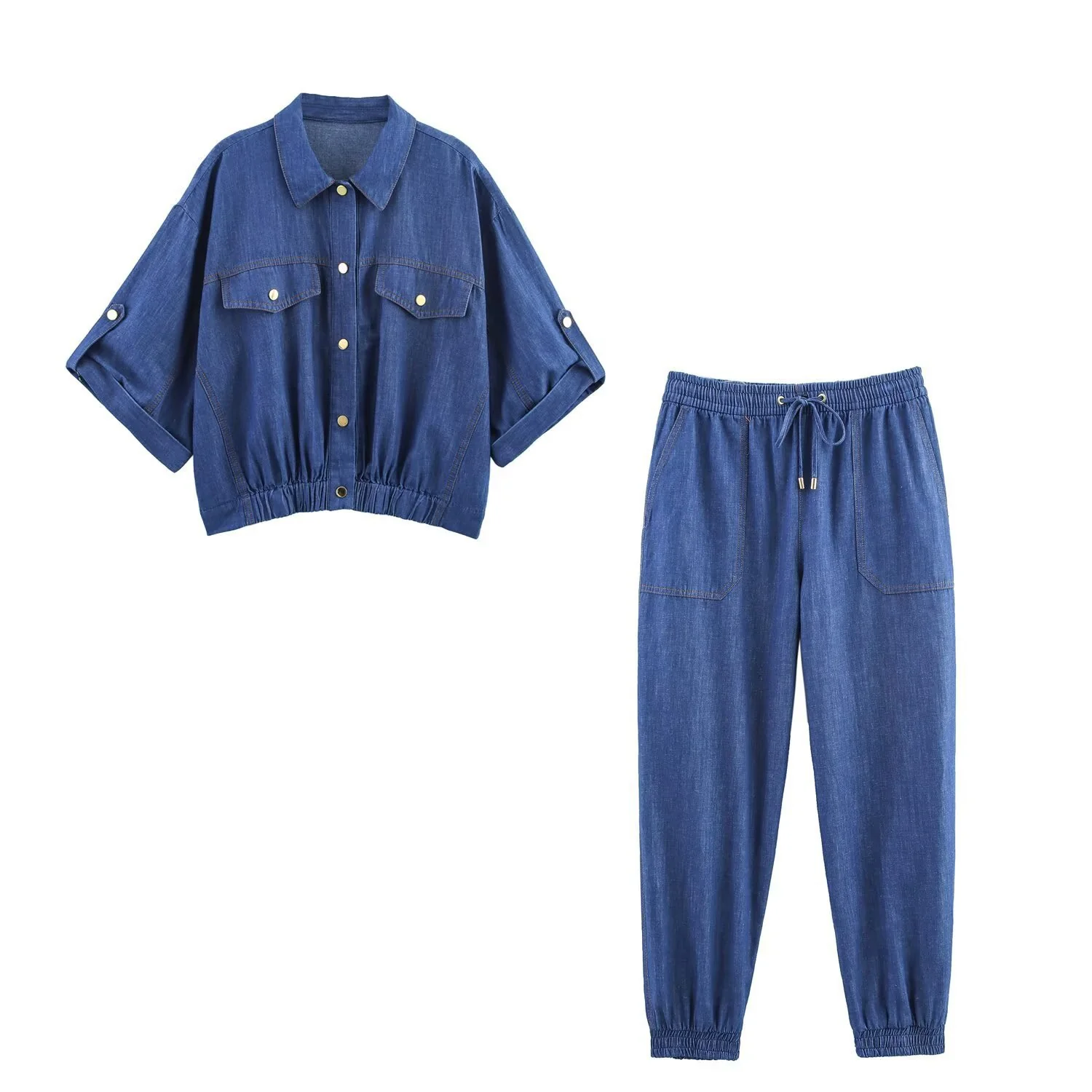 Damen lässiges Denim-Set mit Crop-Bluse und elastischen Hosen R&B - Image 6