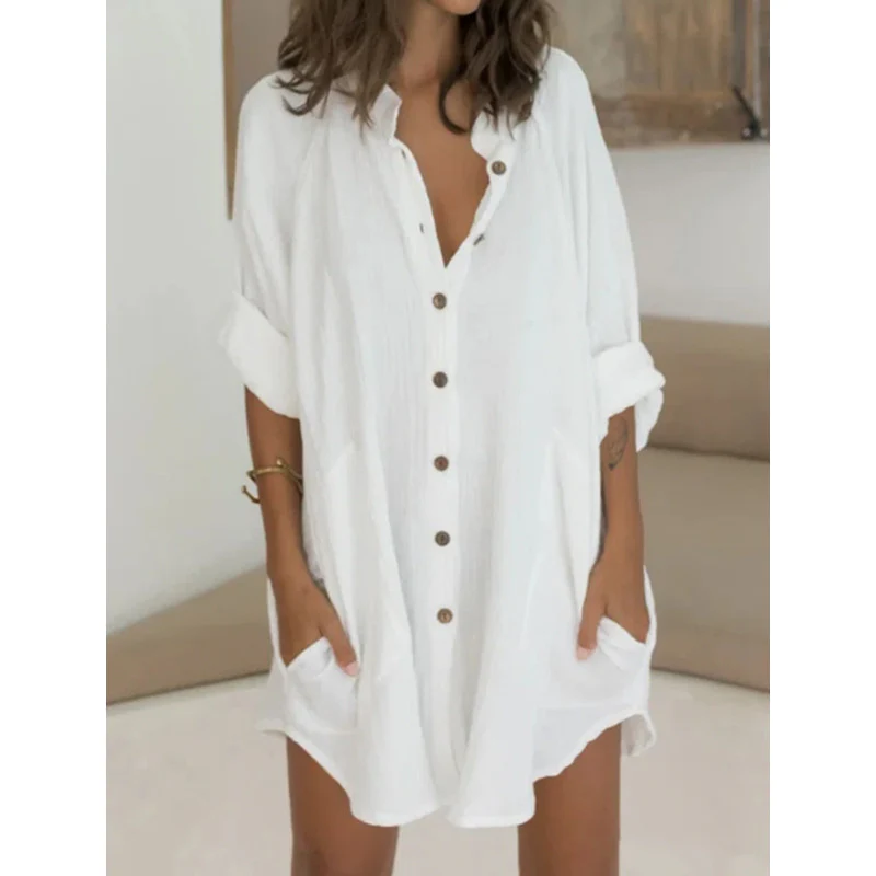 Damen lässiges Hemdblusenkleid mit Knopfleiste und praktischen Taschen R&B - Image 6