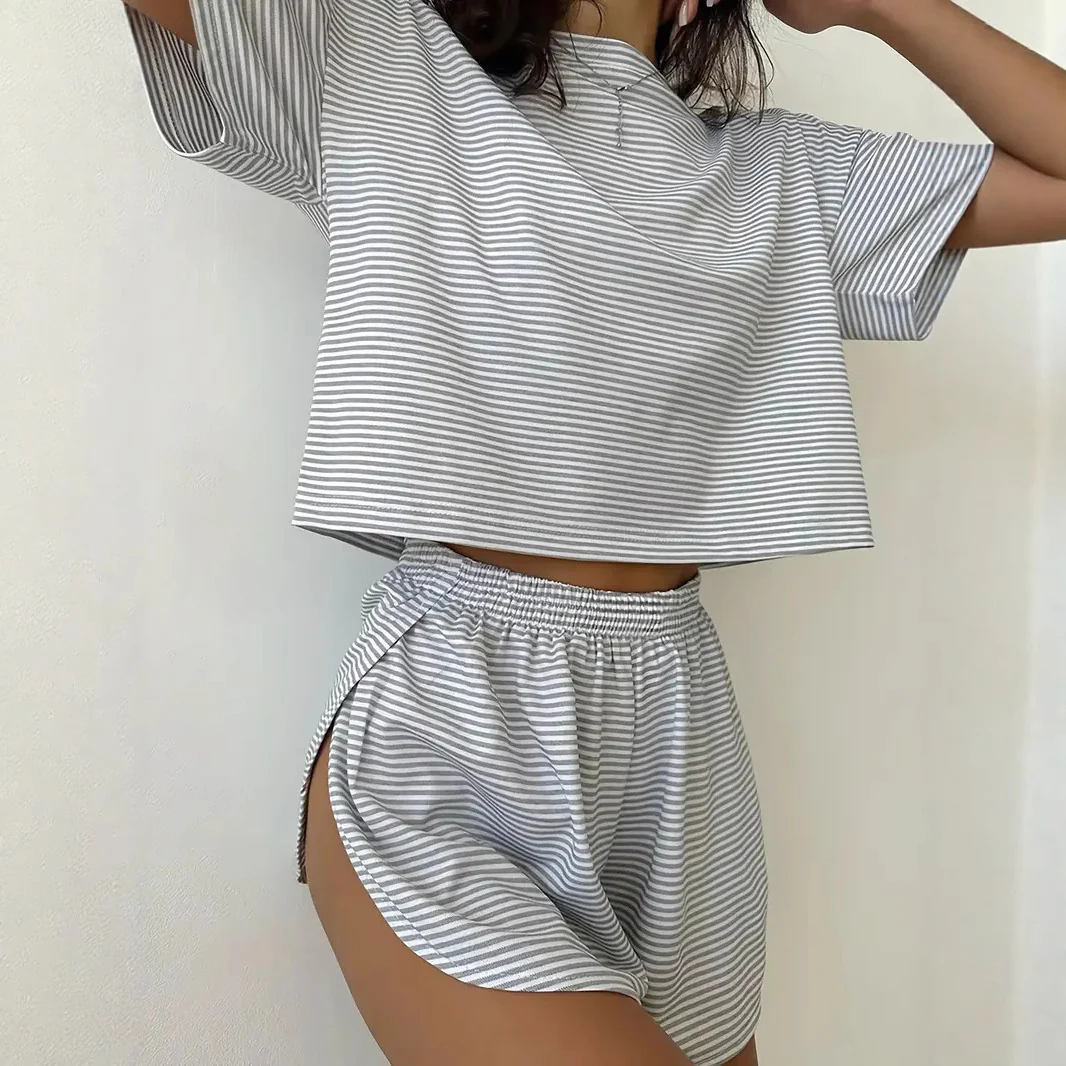 Damen Lässiges Streifen-Set mit weitem T-Shirt und Shorts R&B - Image 2