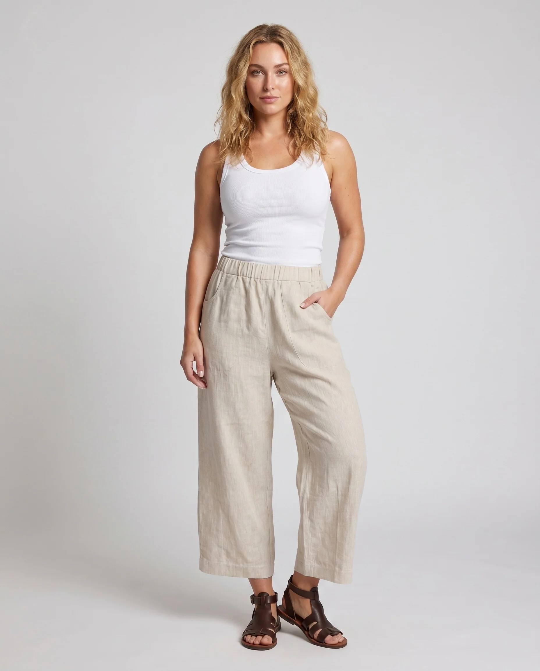 Damen luftige Leinen-Culotte mit hohem Bund und seitlichen Eingrifftaschen