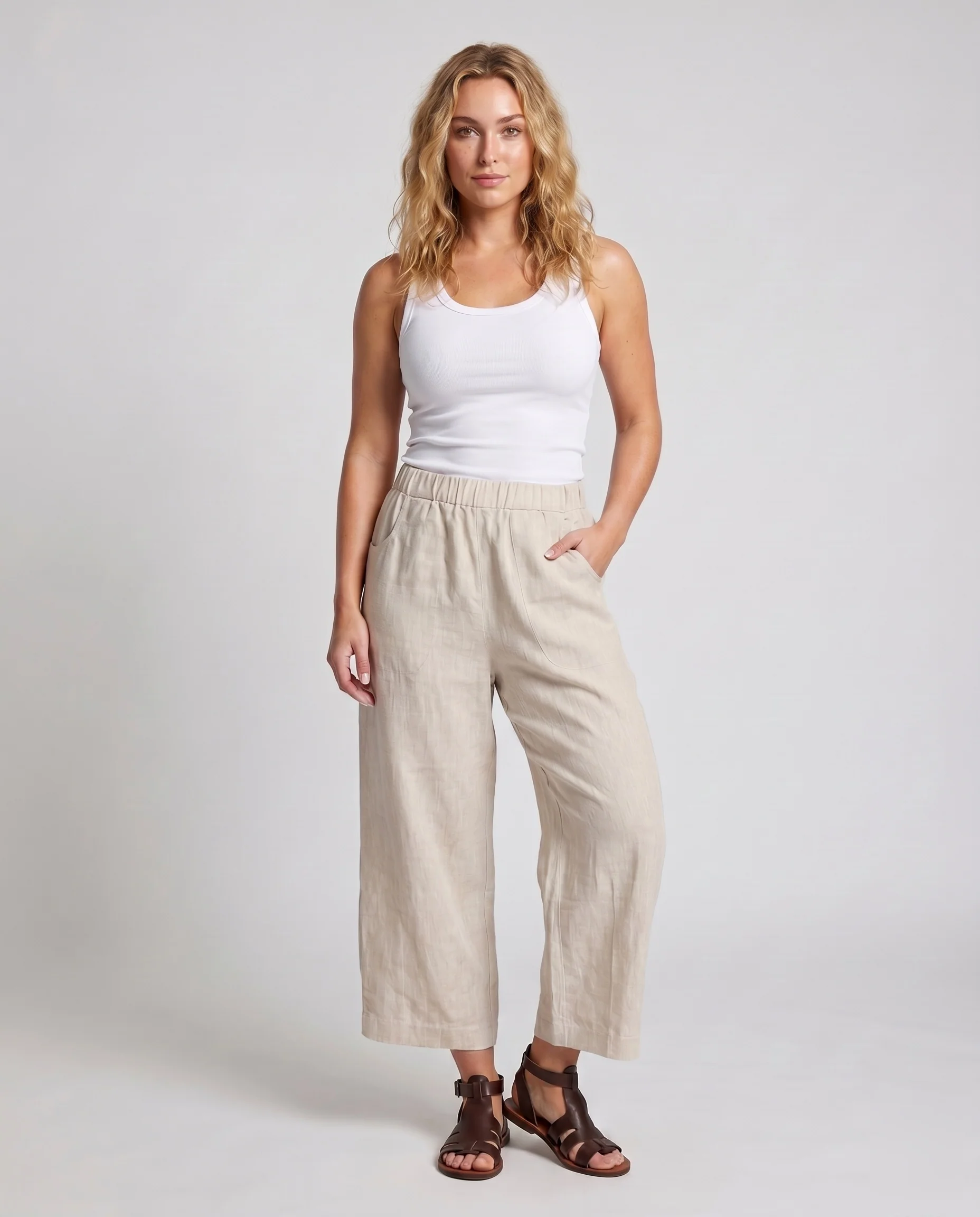 Damen luftige Leinen-Culotte mit hohem Bund und seitlichen Eingrifftaschen - Image 2