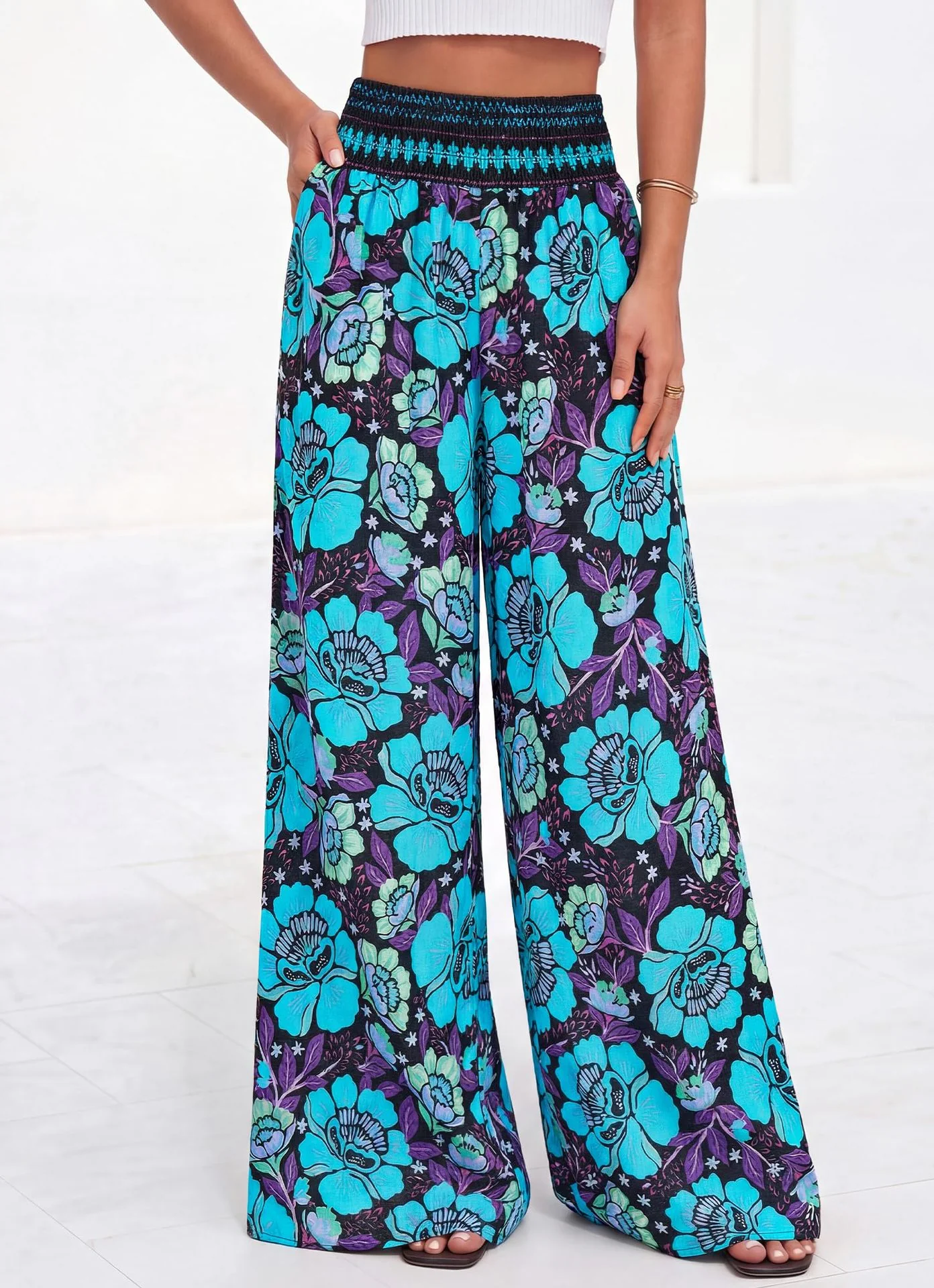 Damen luftige Palazzo-Hose mit floralen Mustern und elastischem Bund R&B - Image 8