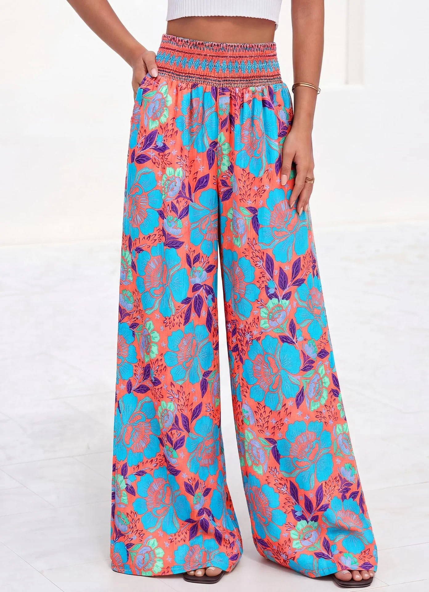 Damen luftige Palazzo-Hose mit floralen Mustern und elastischem Bund R&B - Image 9