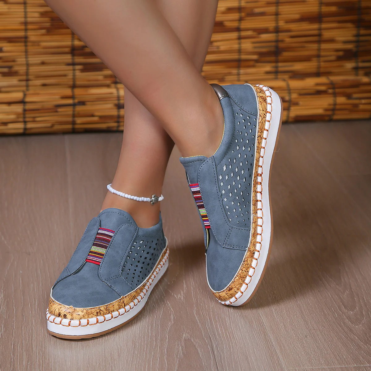 Damen luftige Slip-On Sneakers mit Kunstleder und Korksohle R&B - Image 9