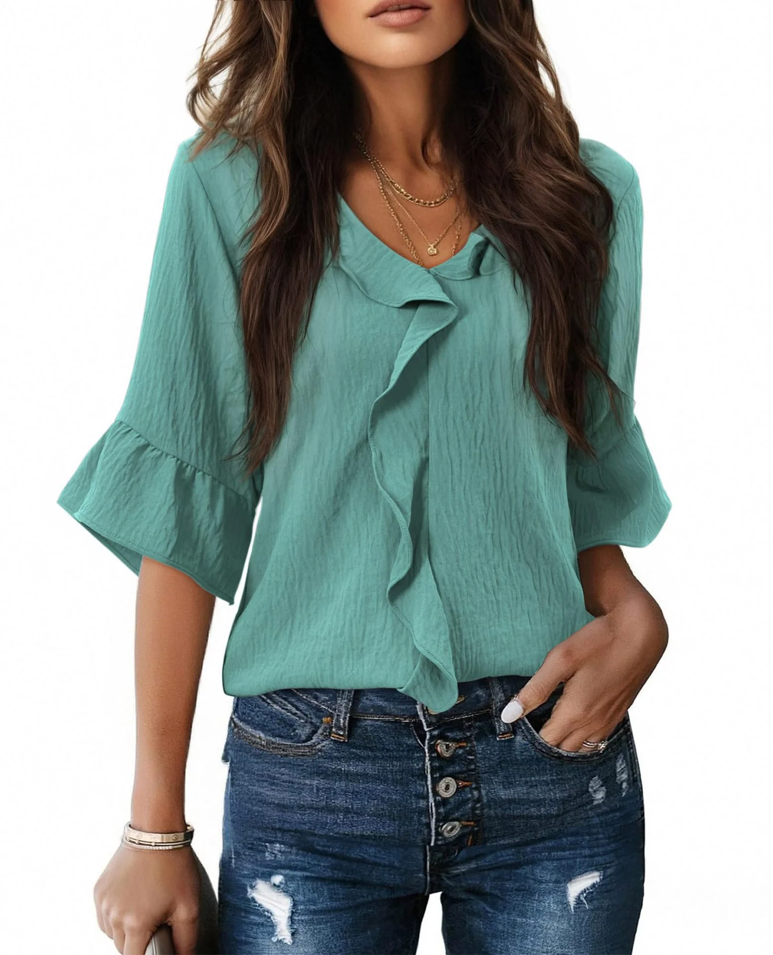 Damen Luftiges Blusenshirt mit Rüschendetails und V-Ausschnitt R&B - Image 10