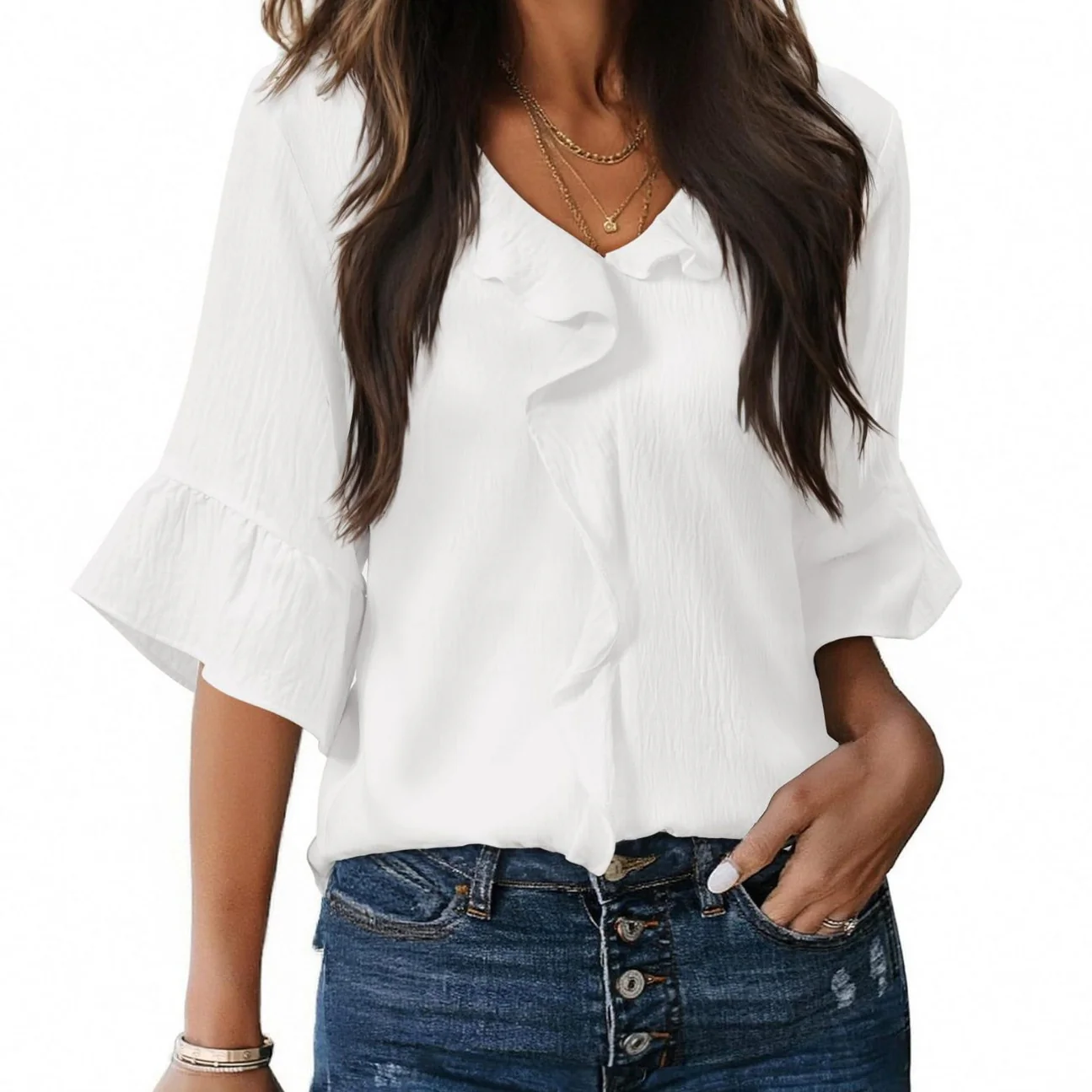 Damen Luftiges Blusenshirt mit Rüschendetails und V-Ausschnitt R&B - Image 5