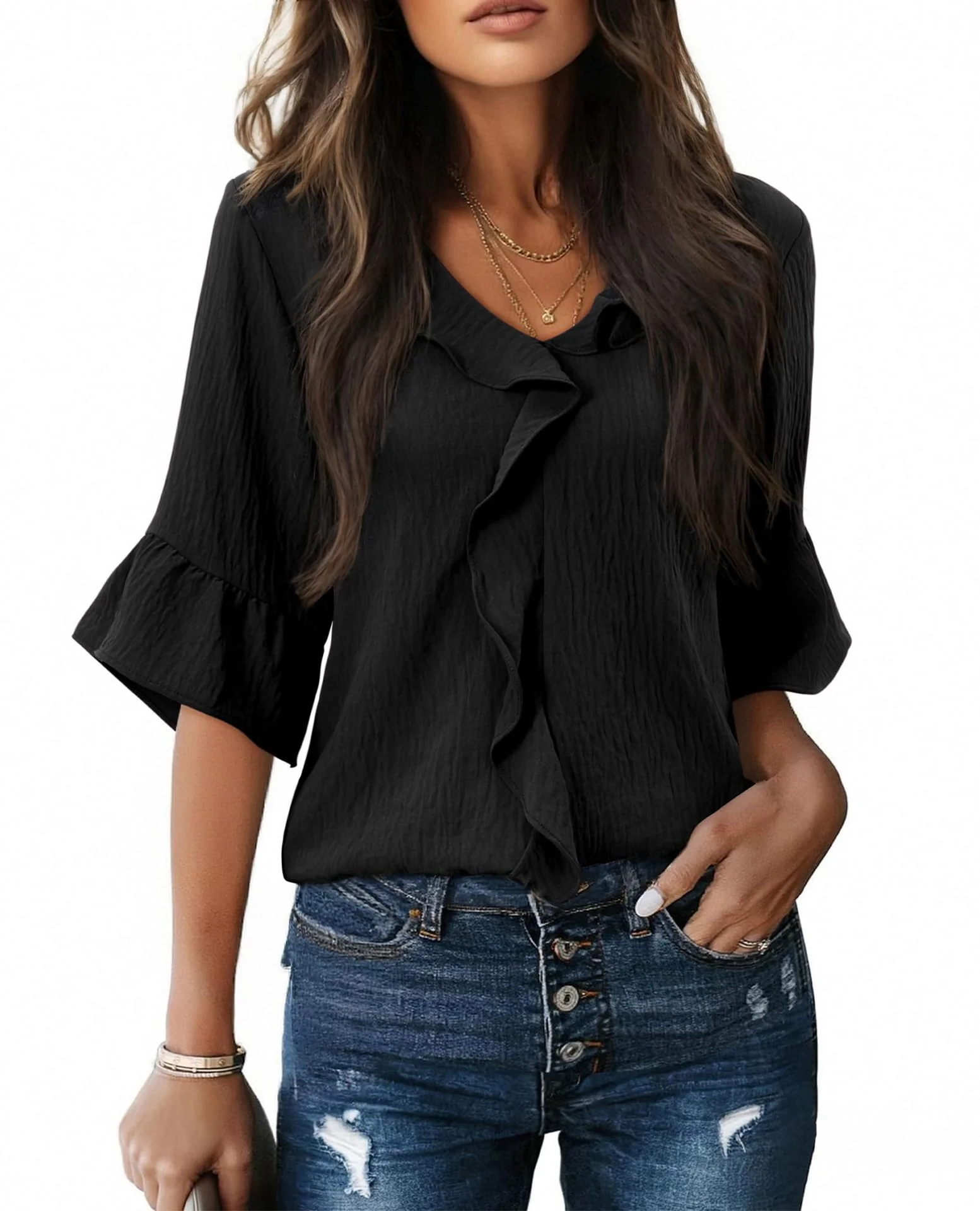 Damen Luftiges Blusenshirt mit Rüschendetails und V-Ausschnitt R&B - Image 7
