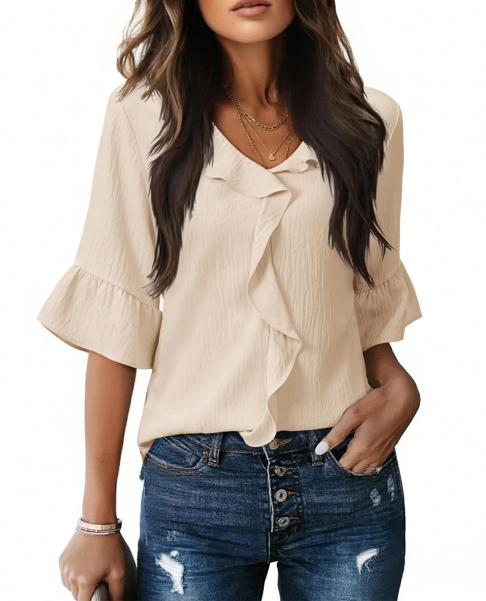 Damen Luftiges Blusenshirt mit Rüschendetails und V-Ausschnitt R&B - Image 9