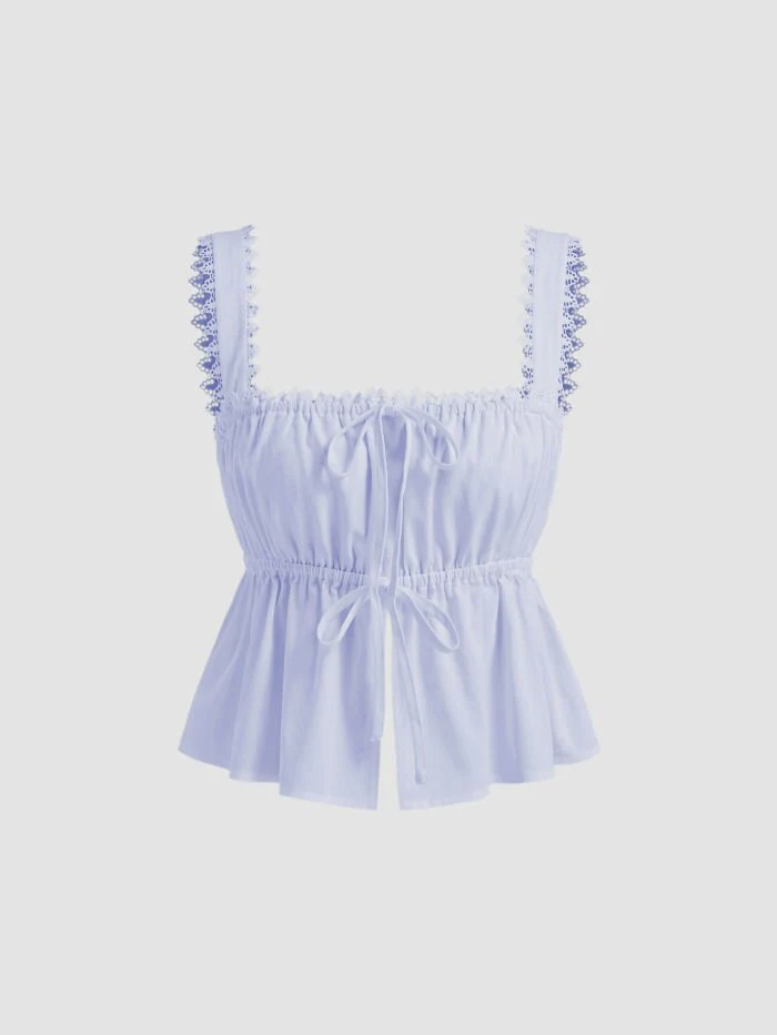 Damen luftiges Crop-Top mit verstellbarem Kordelzug und Rüschendetails R&B - Image 4