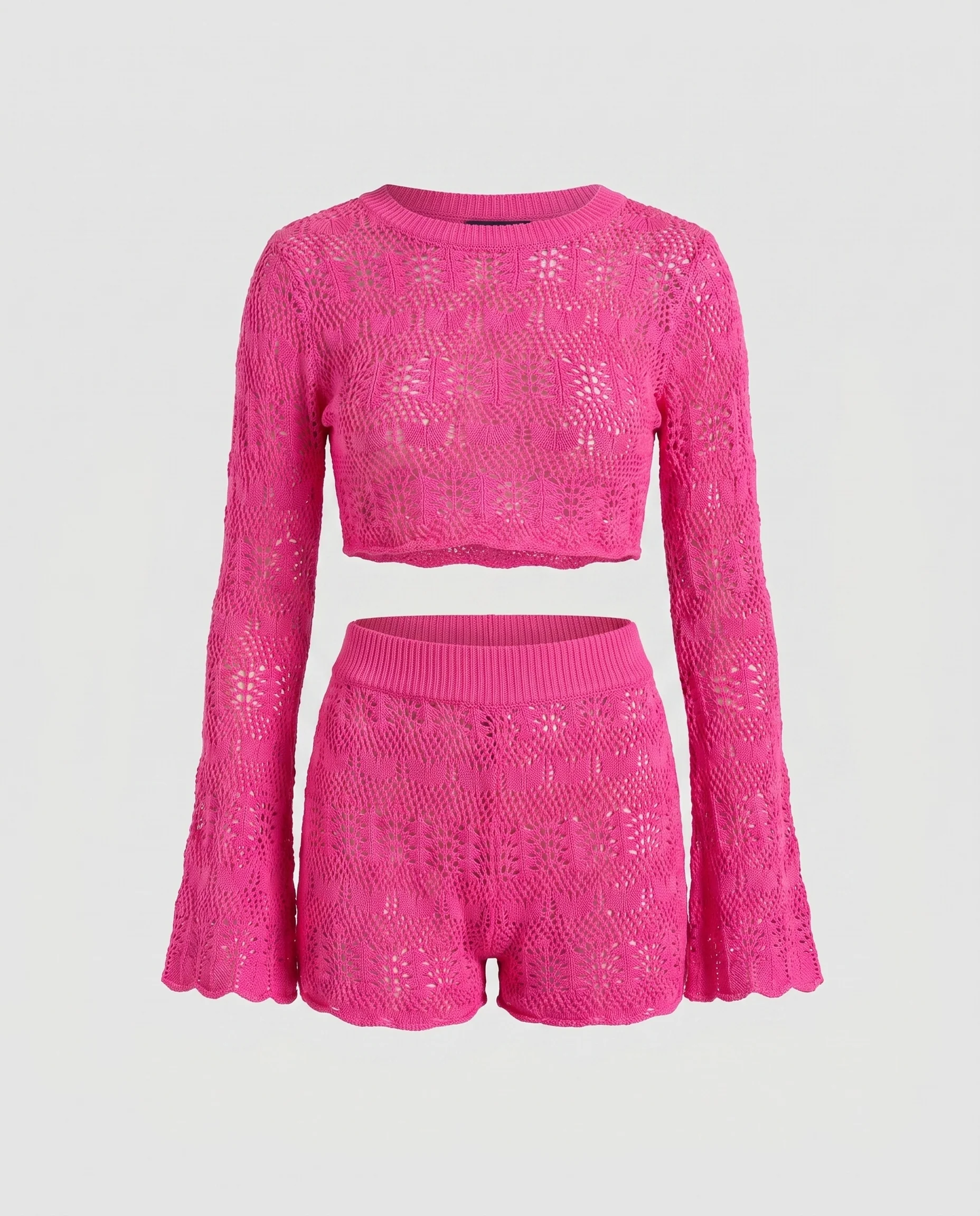 Damen luftiges Häkel-Crop-Top mit langen Ärmeln und passender Shorts - Image 4
