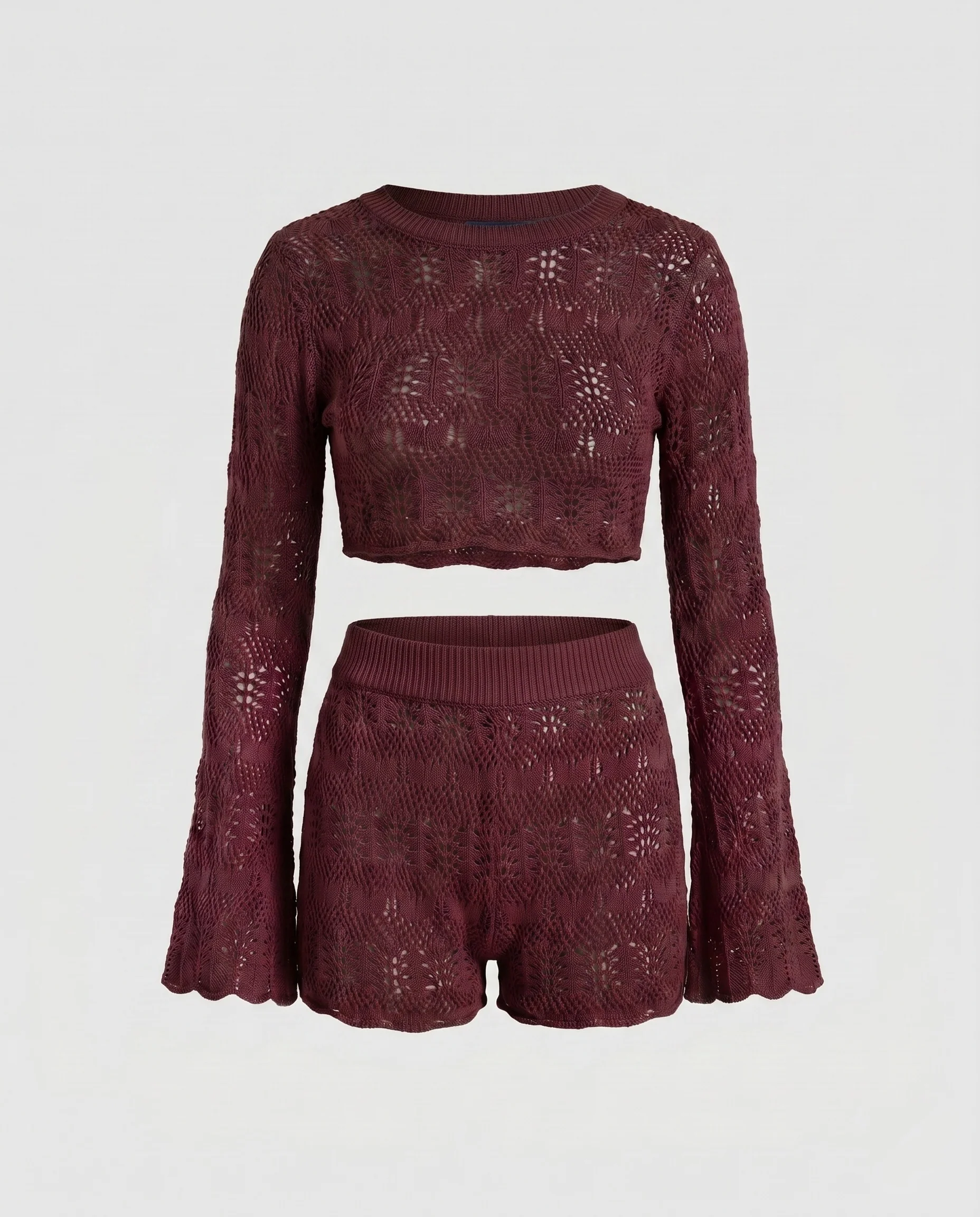 Damen luftiges Häkel-Crop-Top mit langen Ärmeln und passender Shorts - Image 6