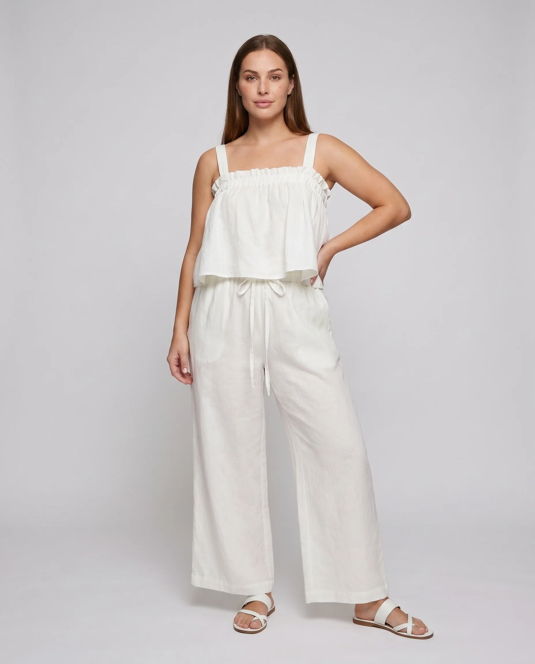 Damen luftiges Leinen-Trägertop mit Rüschendetails