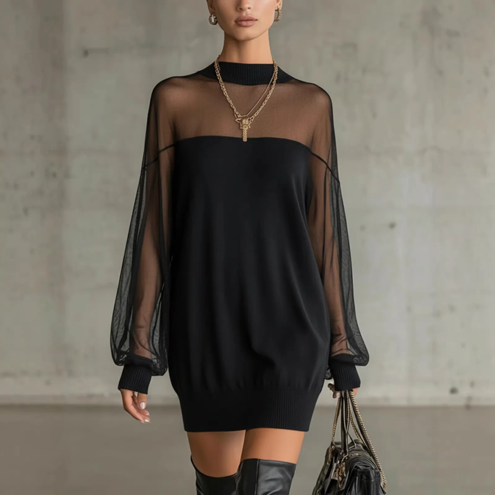 Damen Luftiges Minikleid mit transparenten Ärmelpartien und stylischem Highneck R&B - Image 5