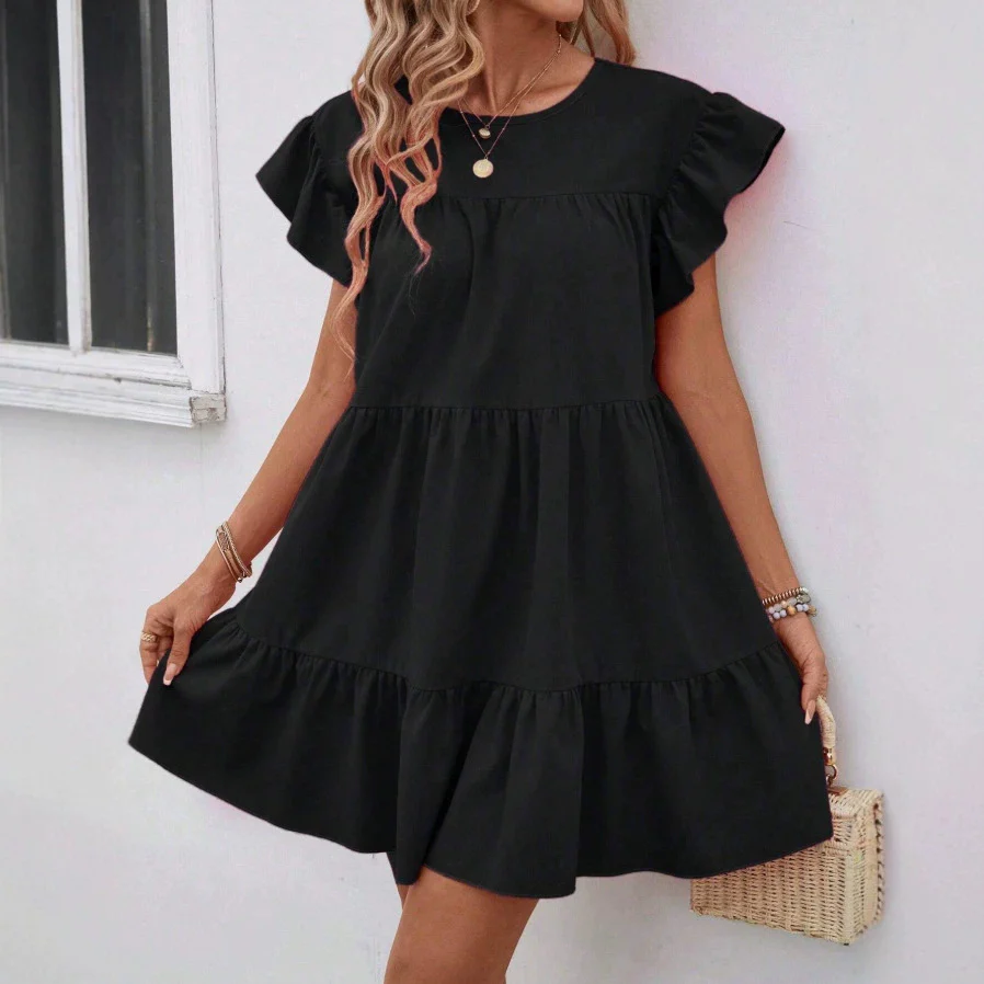 Damen luftiges Minikleid mit voluminösem Volant und lässigem Schnitt R&B