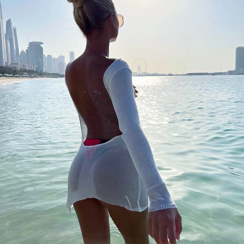 Damen luftiges Strick-Strandkleid mit transparentem Design und langen Ärmeln R&B - Image 7