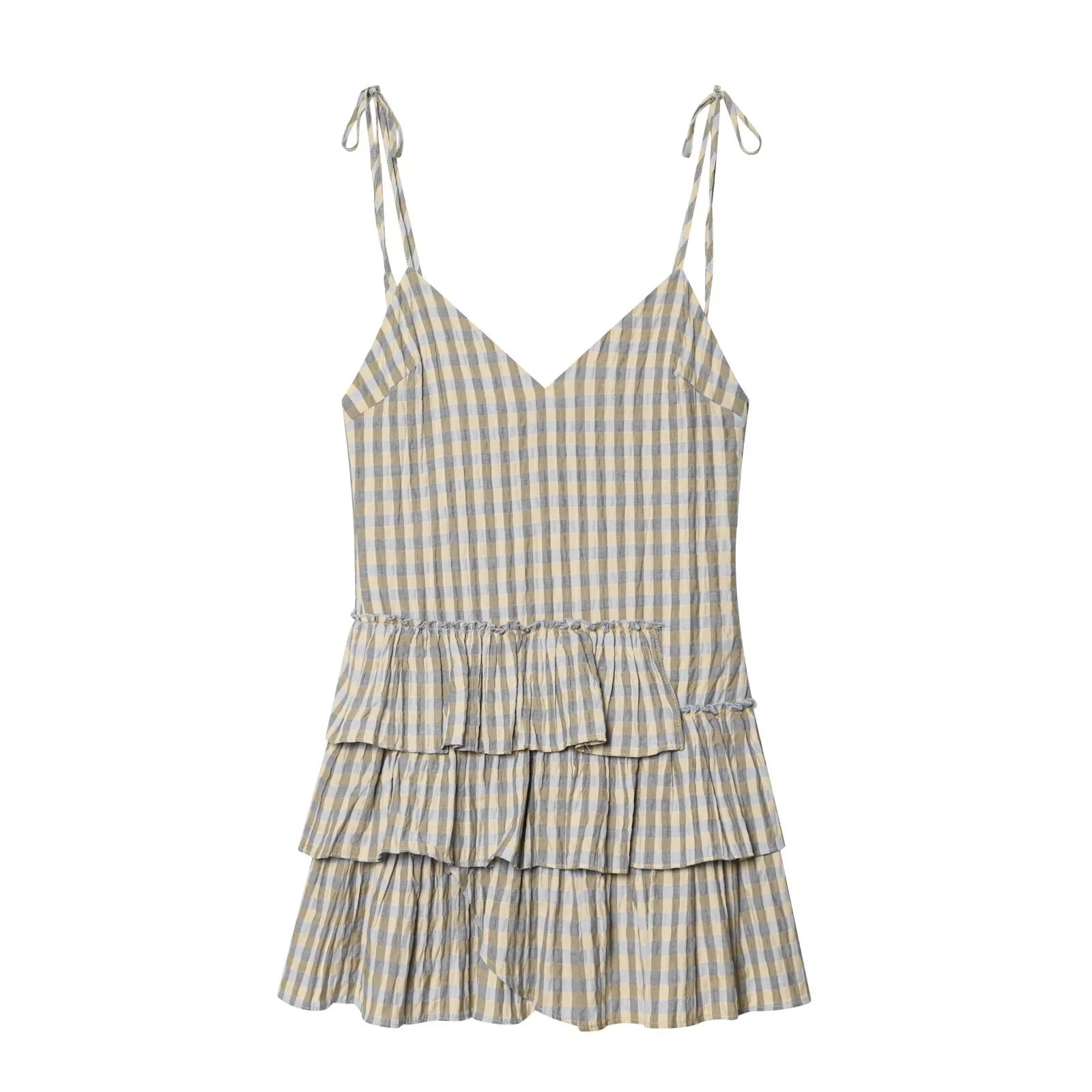 Damen luftiges V-Ausschnitt Sommerkleid mit Rüschen und verstellbaren Trägern R&B