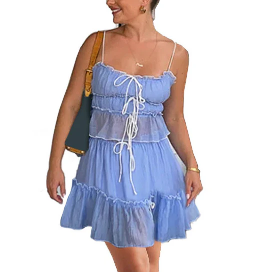 Damen luftiges Wickelkleid mit Rüschendetails und Kontrastbändern R&B
