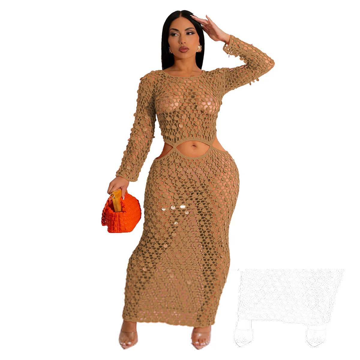 Damen Maxi-Kleid aus transparentem Häkelmaterial mit Cut-Out-Details R&B - Image 6