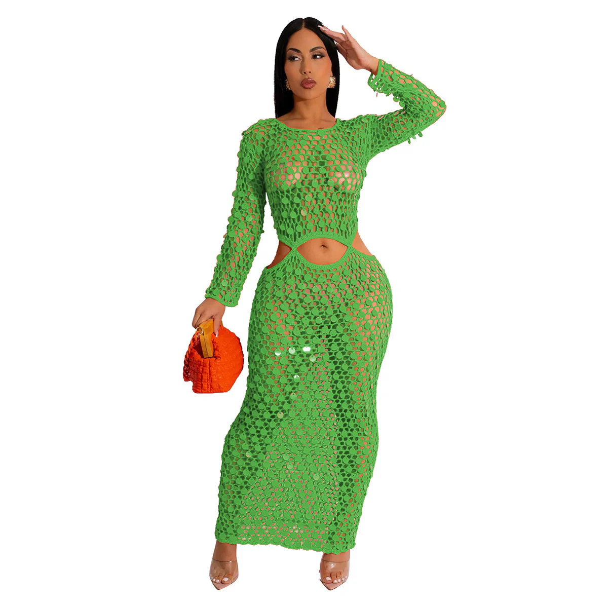 Damen Maxi-Kleid aus transparentem Häkelmaterial mit Cut-Out-Details R&B - Image 8