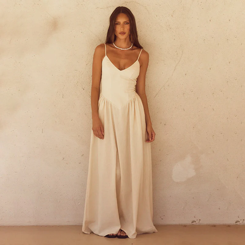 Damen Maxi-Kleid mit elegantem V-Ausschnitt und fließendem Rock R&B