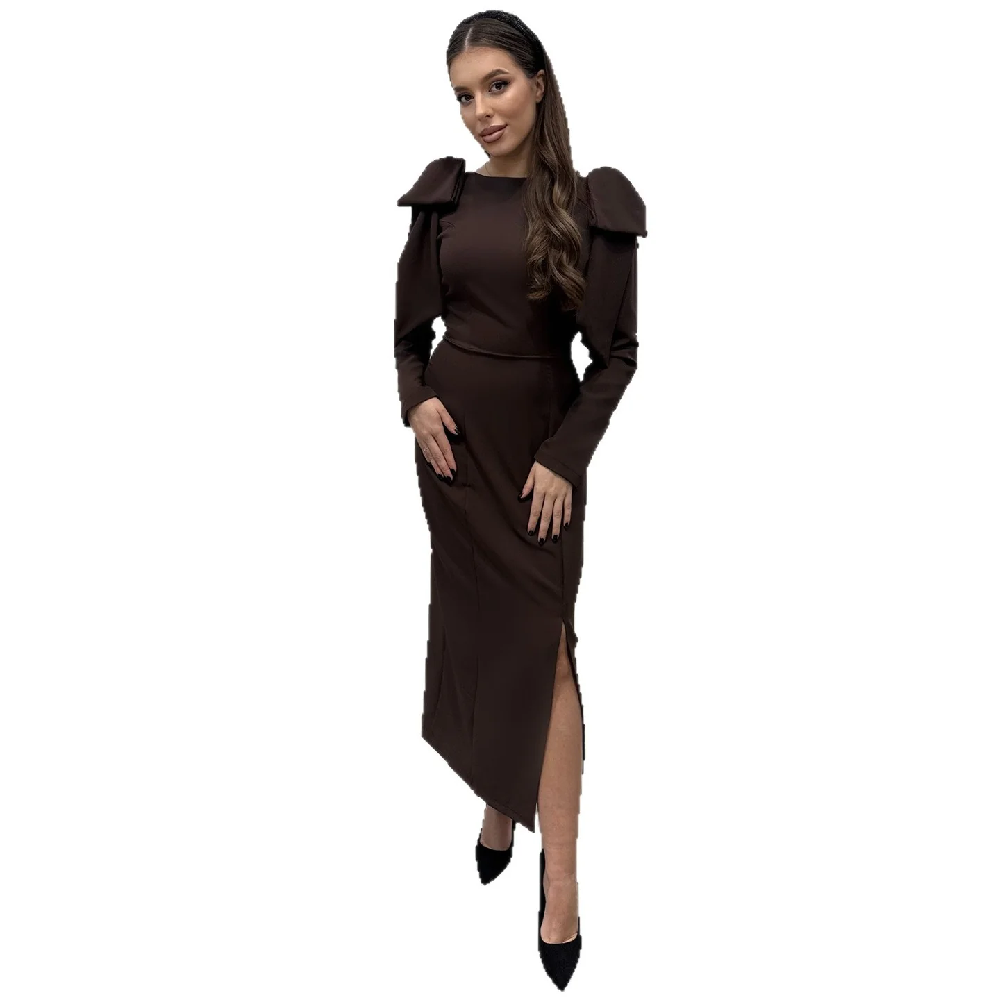 Damen Maxi-Kleid mit eleganten Puffärmeln und seitlichem Schlitz R&B - Image 5