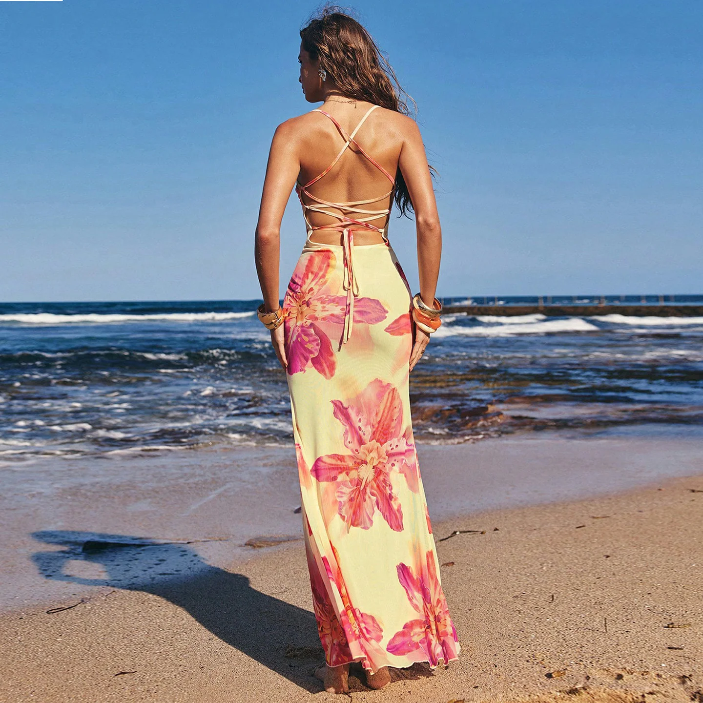 Damen Maxi Kleid mit floralem Design und Spaghettiträgern Heidi-Mode