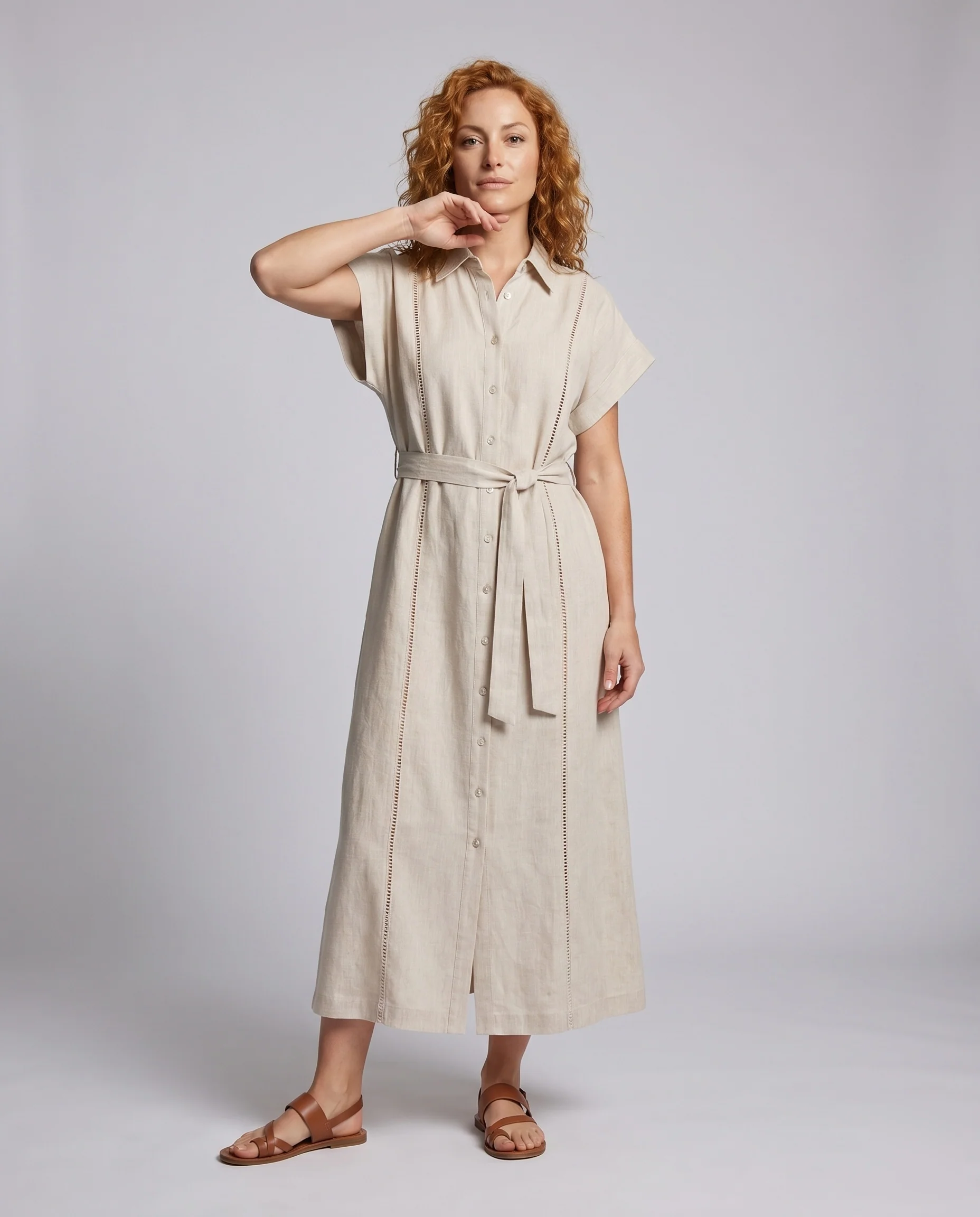 Damen Maxi-Kleid mit Gürtel und Knopfleiste