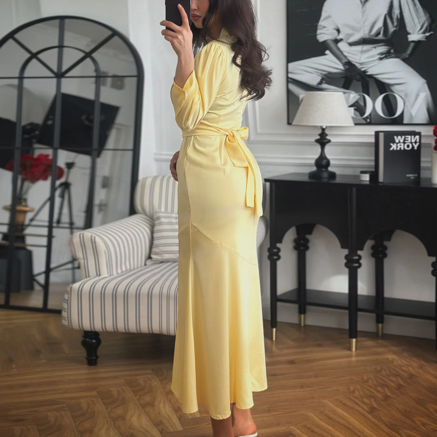 Damen Maxi-Kleid mit Knopfleiste und eleganten Puffärmeln R&B - Image 4