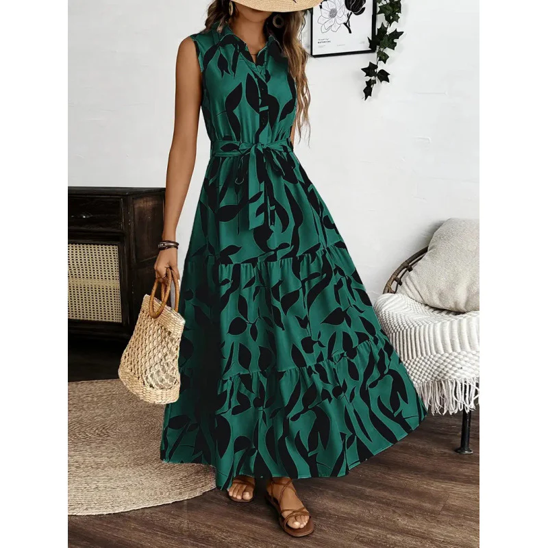 Damen Maxi-Kleid mit maskulinem Blätterdruck und tailliertem Gürtel R&B - Image 7