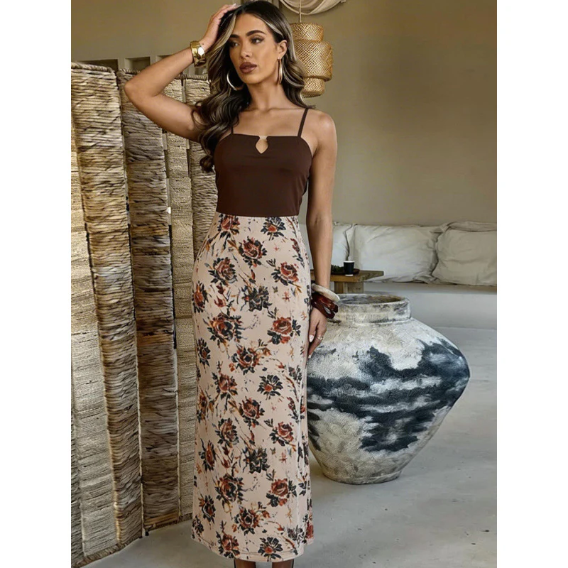 Damen Maxi-Kleid mit modischem Blumenmuster und schmalen Spaghettiträgern R&B - Image 2