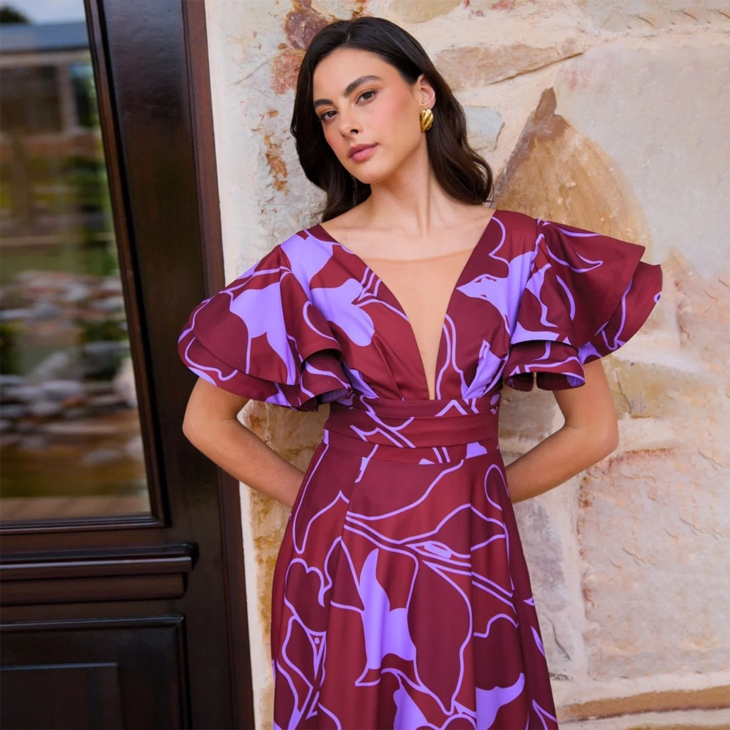 Damen Maxi-Kleid mit voluminösen Puffärmeln und elegantem Schlitz R&B - Image 4