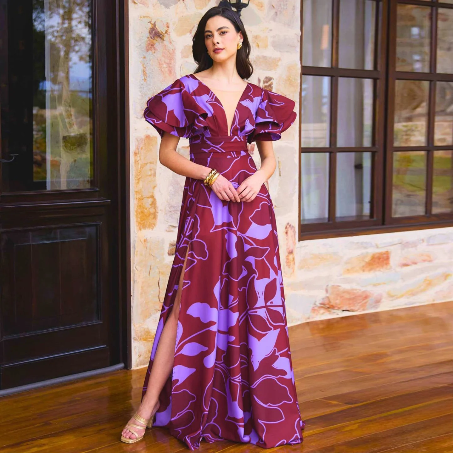 Damen Maxi-Kleid mit voluminösen Puffärmeln und elegantem Schlitz R&B - Image 6
