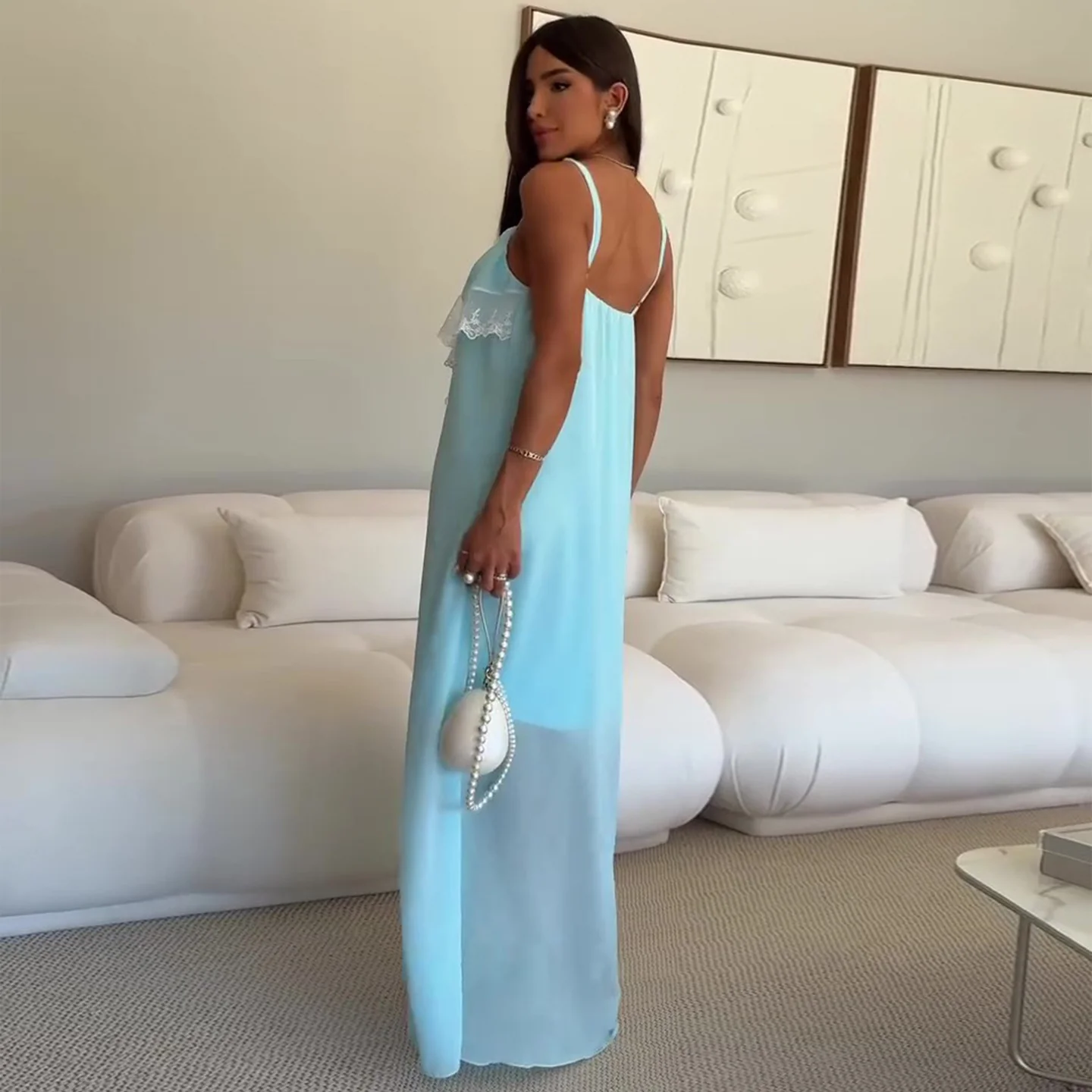 Damen Maxi-Nachtkleid mit zartem Spitzenbesatz und feinen Trägern R&B - Image 2