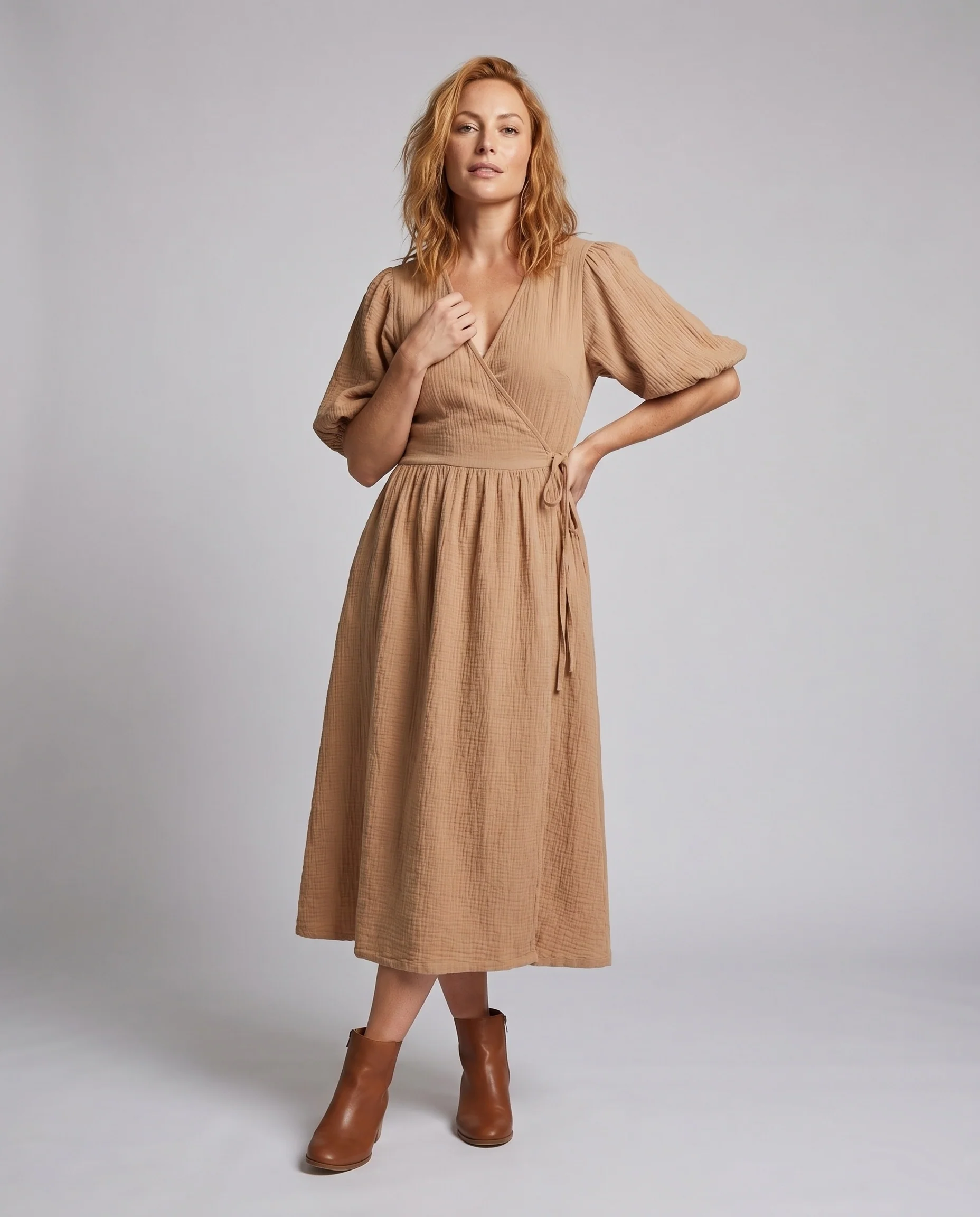 Damen Maxi-Wickelkleid mit eleganten Ballonärmeln und hohem Komfort - Image 2