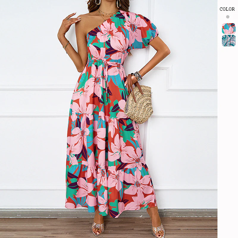 Damen Maxikleid im asymmetrischen Design mit floralem Muster und Wickelgürtel R&B