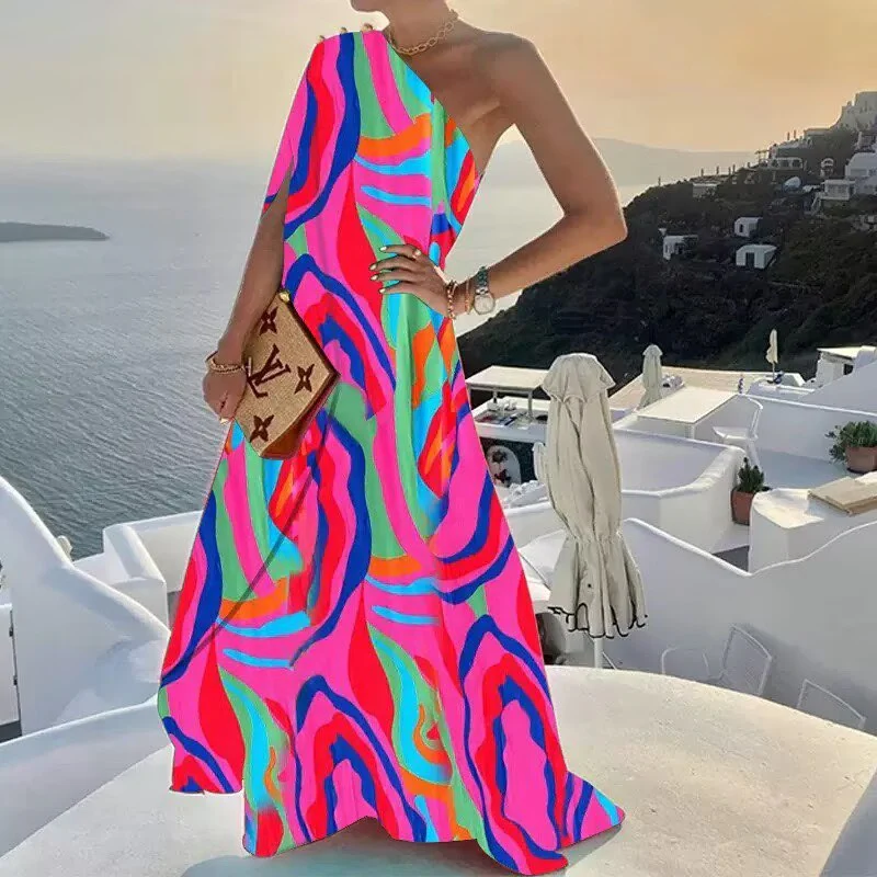 Damen Maxikleid mit einseitigem Träger und lebhaftem Mustermix R&B
