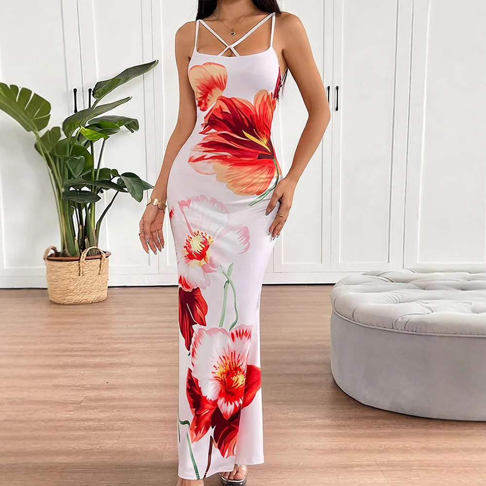 Damen Maxikleid mit elegantem Blumenmuster und zarten Spaghetti-Trägern R&B - Image 2