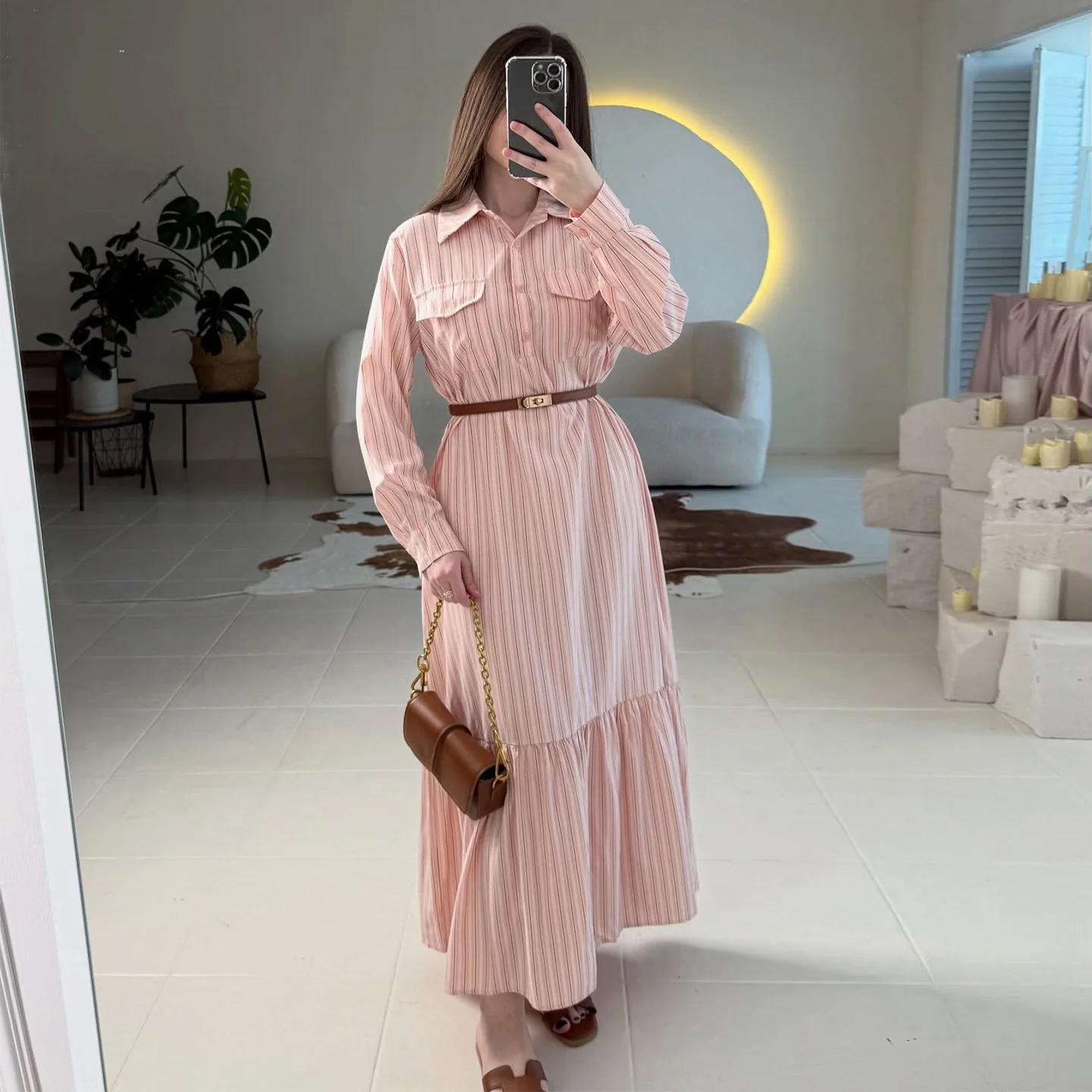 Damen Maxikleid mit elegantem Hemdblusenstil und raffinierter Taillenbetonung R&B - Image 6