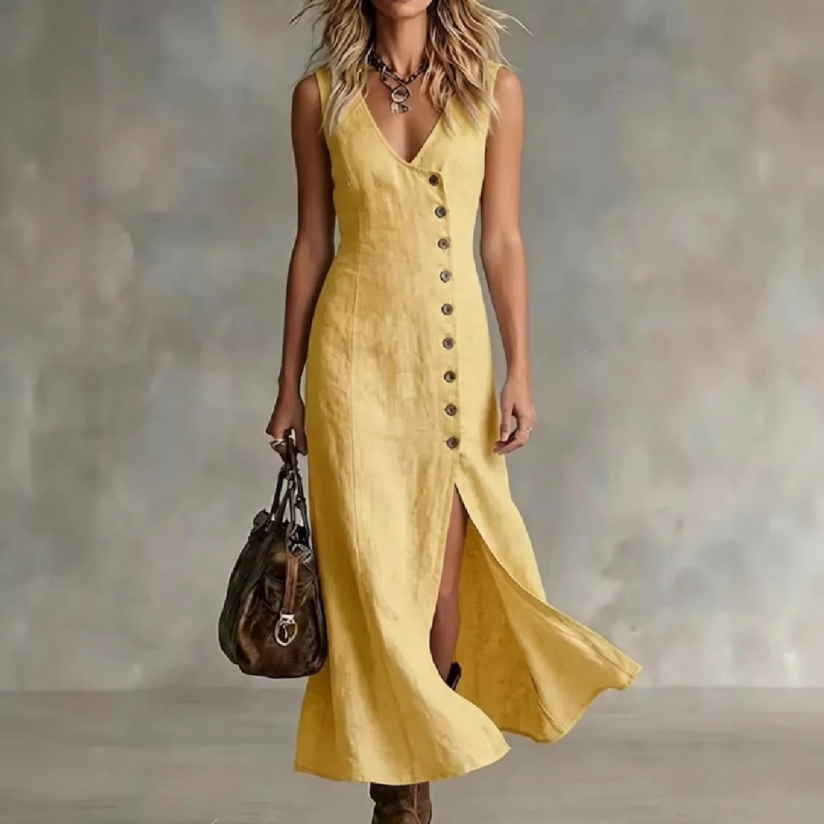 Damen Maxikleid mit elegantem V-Ausschnitt und seitlichem Schlitz R&B - Image 3