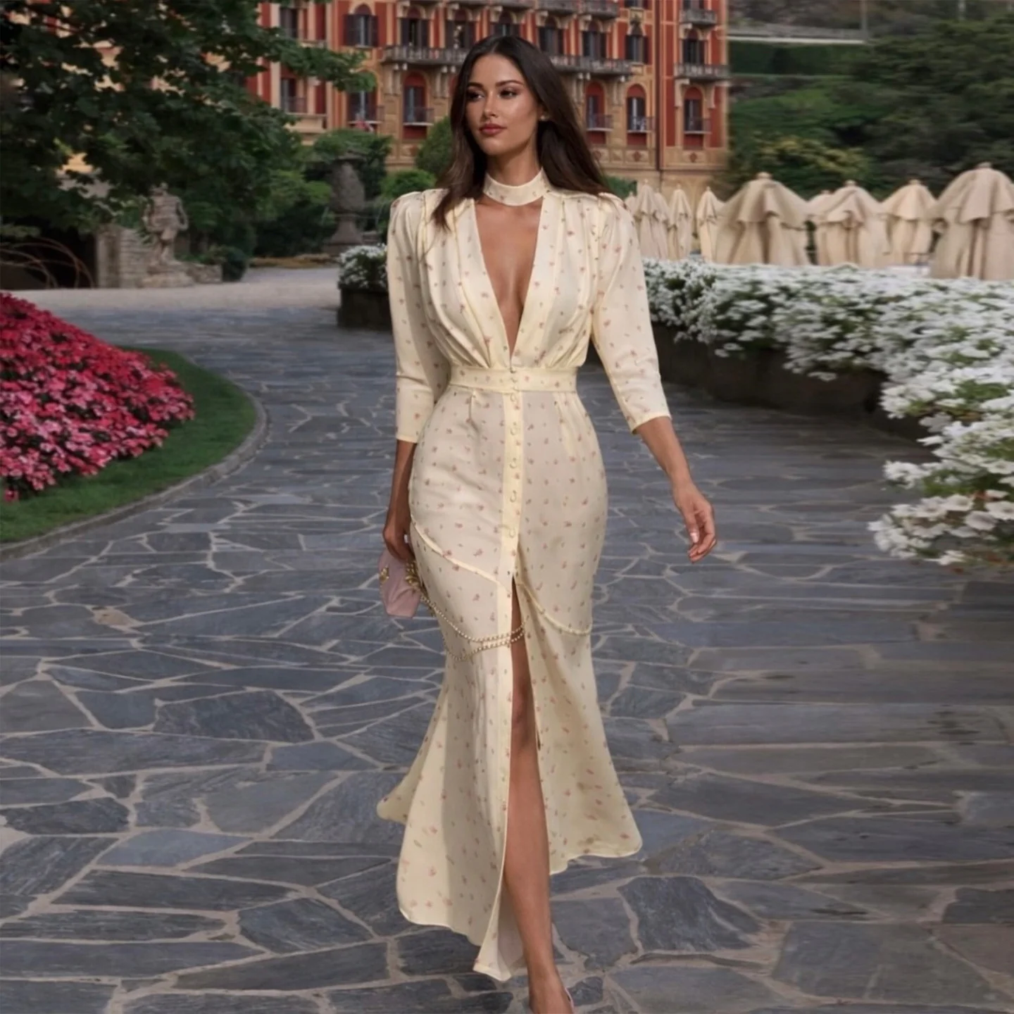 Damen Maxikleid mit elegantem V-Ausschnitt und trendigem Knopfdesign R&B