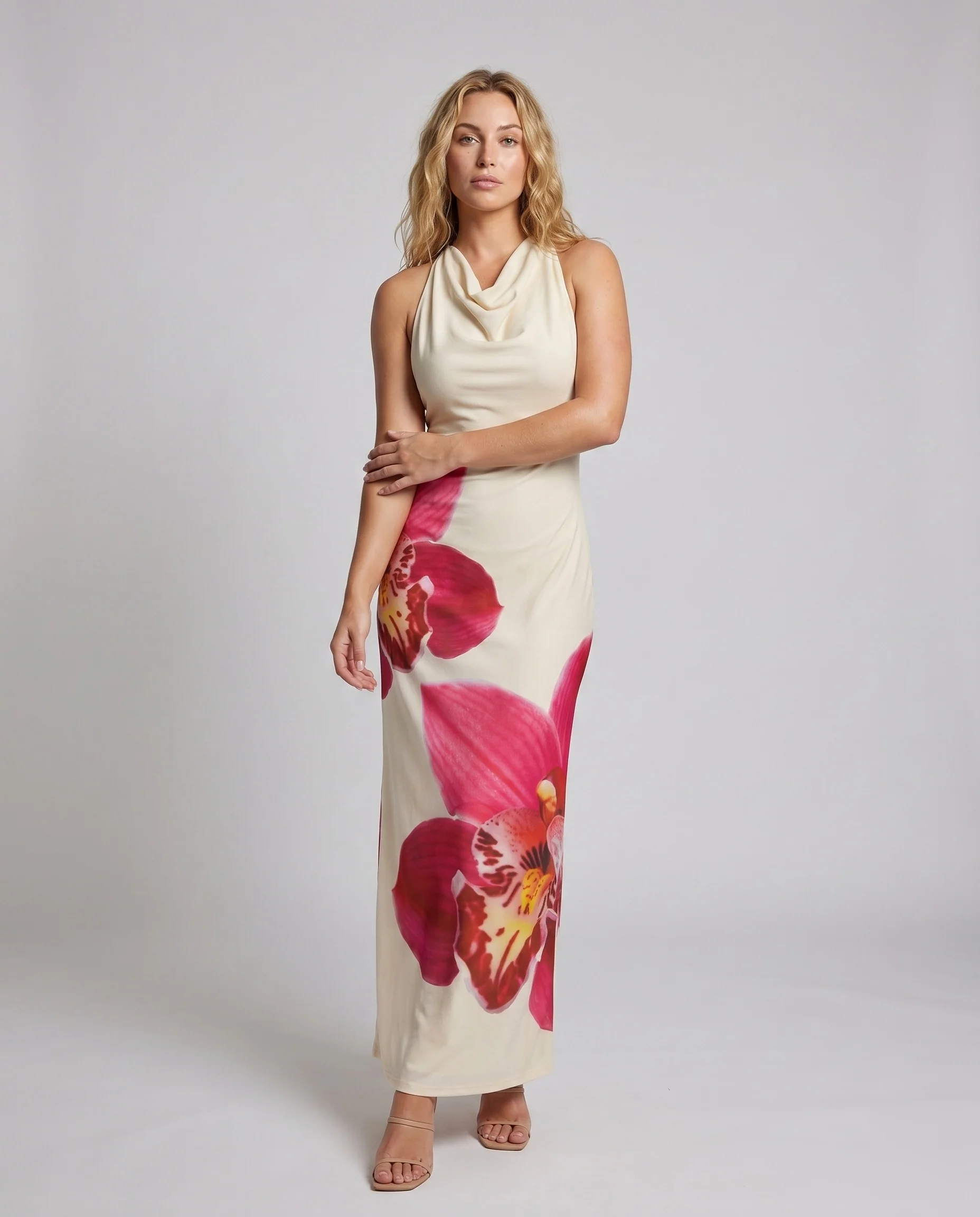 Damen Maxikleid mit elegantem Wasserfall-Ausschnitt und floralen Akzenten R&B