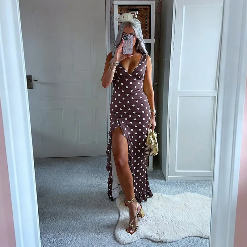 Damen Maxikleid mit eleganten Rüschen und tiefem V-Ausschnitt R&B - Image 4