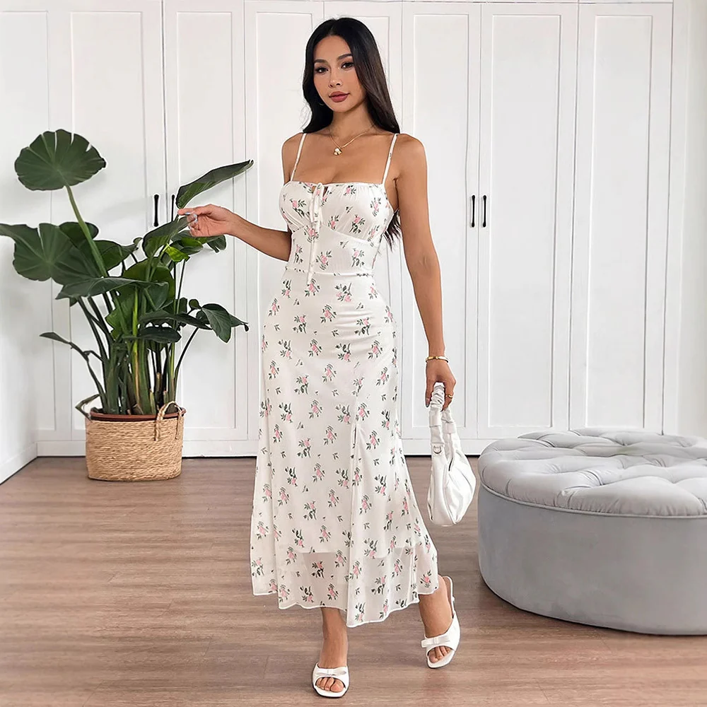 Damen Maxikleid mit feinen Spaghetti-Trägern und floralem Druck R&B