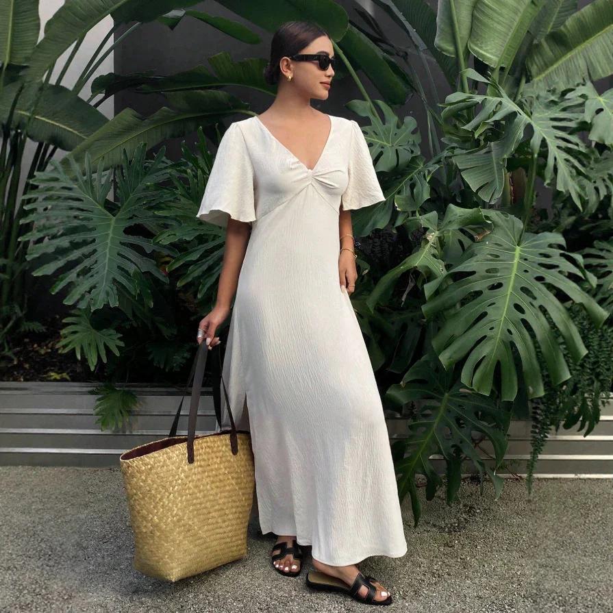 Damen Maxikleid mit fließenden Ärmeln und V-Ausschnitt R&B - Image 4
