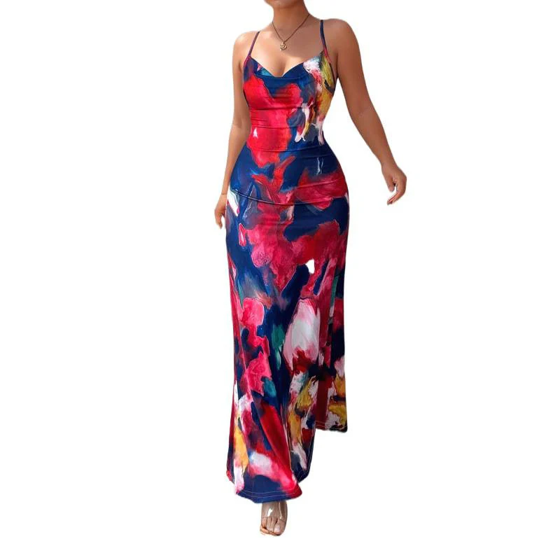 Damen Maxikleid mit floralem Aquarelldruck und schmalen Spaghetti-Trägern R&B - Image 4