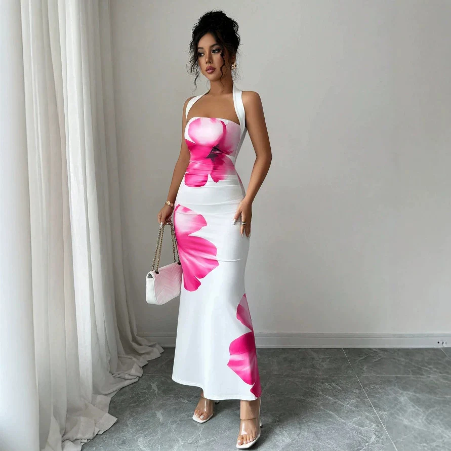 Damen Maxikleid mit floralem Print und schulterfreiem Design R&B