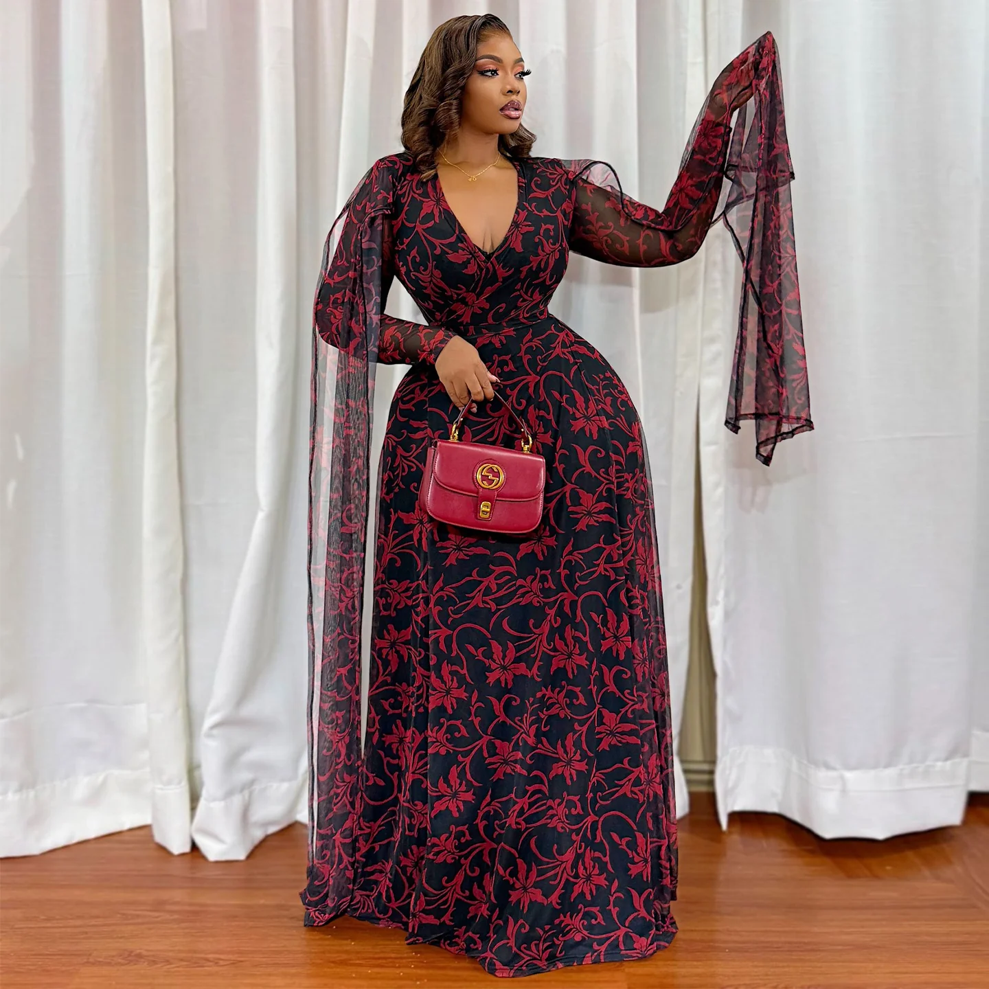 Damen Maxikleid mit floralem Transparentdesign und eleganten Ärmeln R&B - Image 2