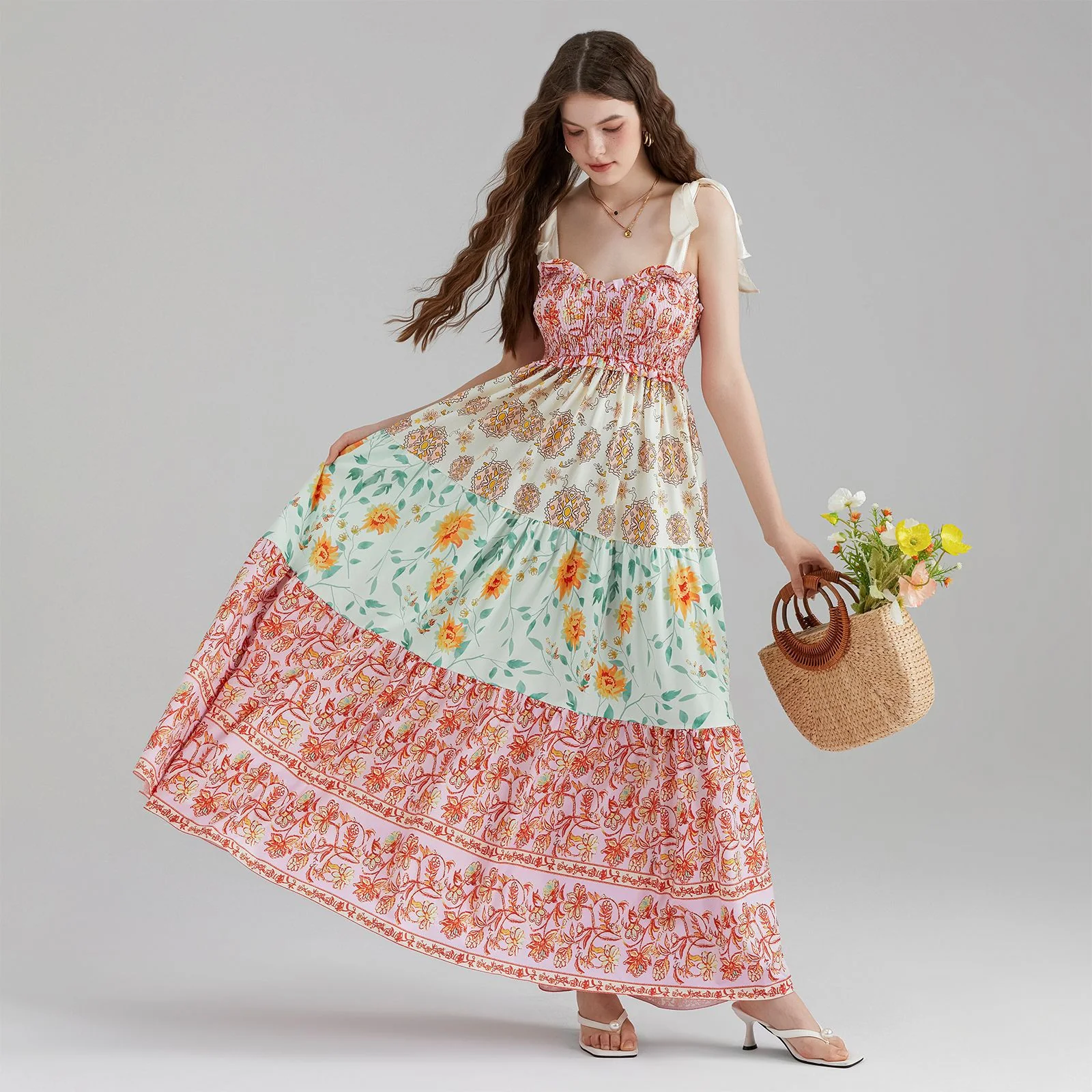 Damen Maxikleid mit floralen Falten und großzügigem A-Linien-Schnitt R&B - Image 4